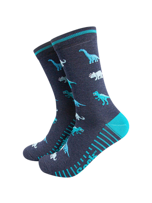 mens-bamboo-socks-navy-blue-dinosaurs-pattern-t-rex-triceratops-bronosaurus-in-blue