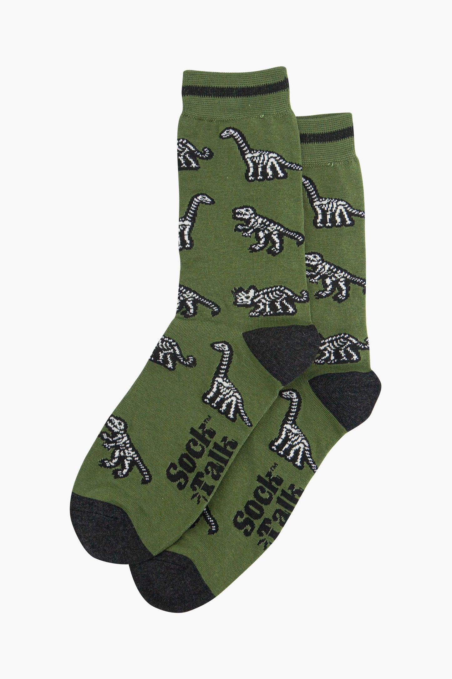 mens-bamboo-socks-green-dinosaur-skeletons-laying-flat-white-dino-bones