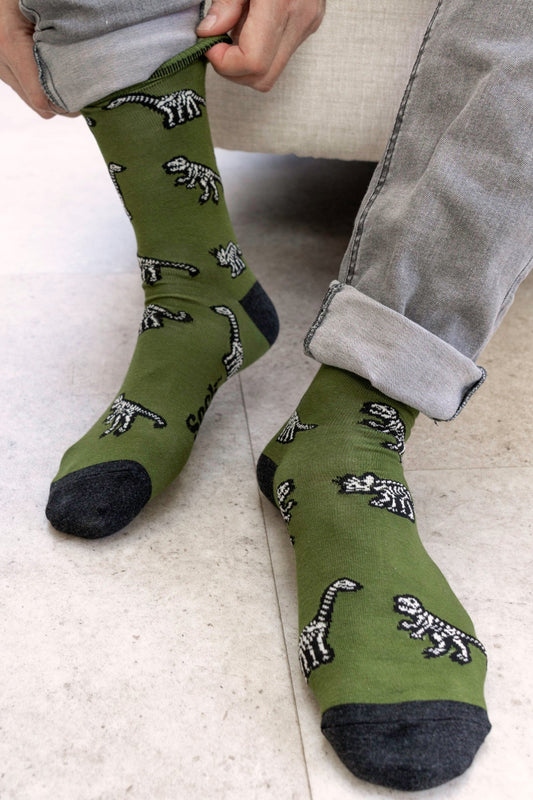 Men's Bamboo Socks - Green, Dinosaur Skeletons