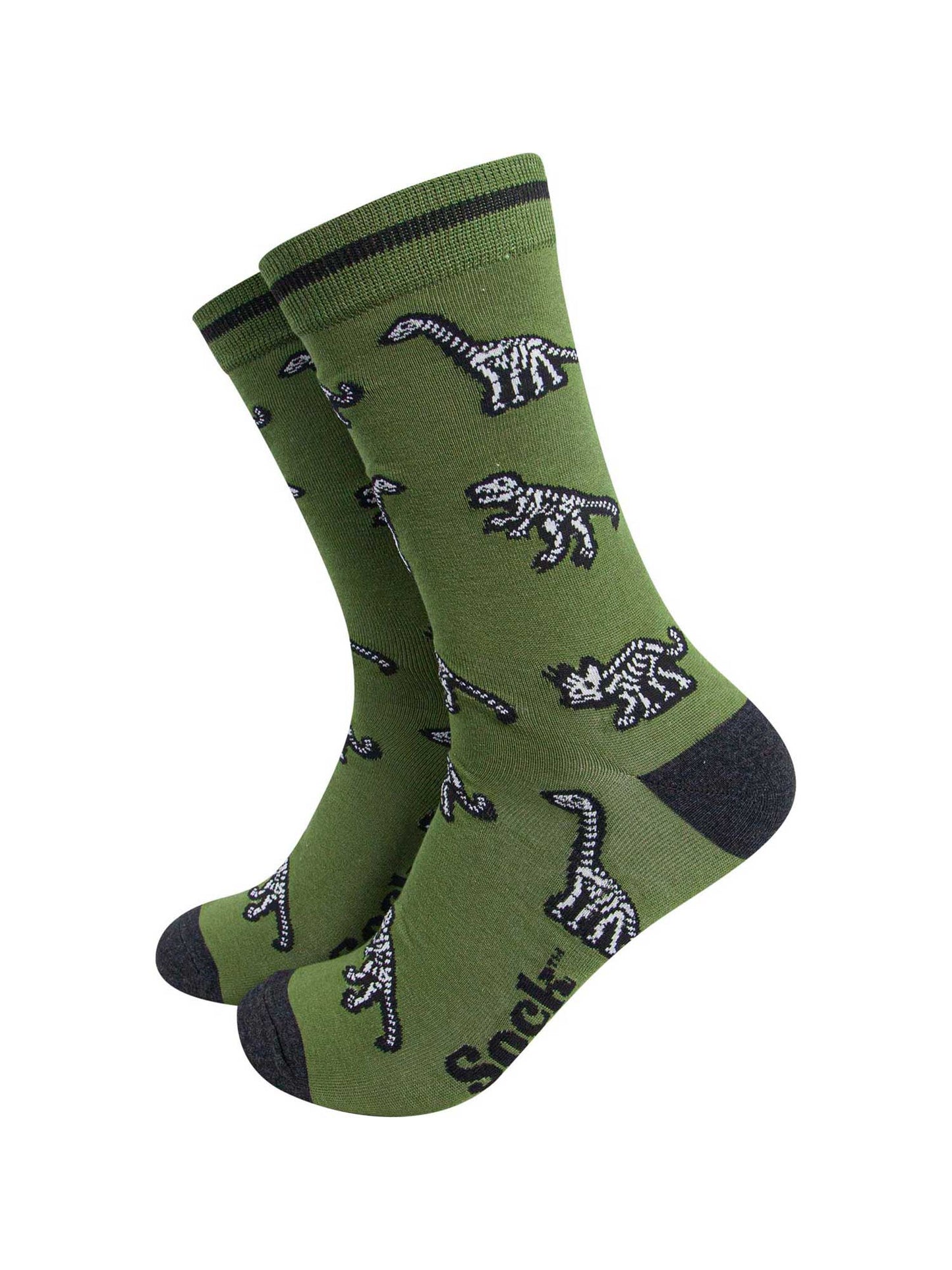 mens-bamboo-socks-green-dinosaur-skeletons-pattern-fossilised-t-rex-triceratops-brontosaurus