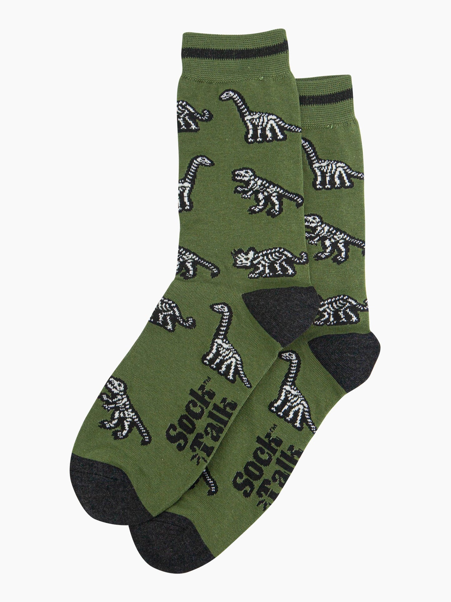 mens-bamboo-socks-green-dinosaur-skeletons-laying-flat-white-dino-bones