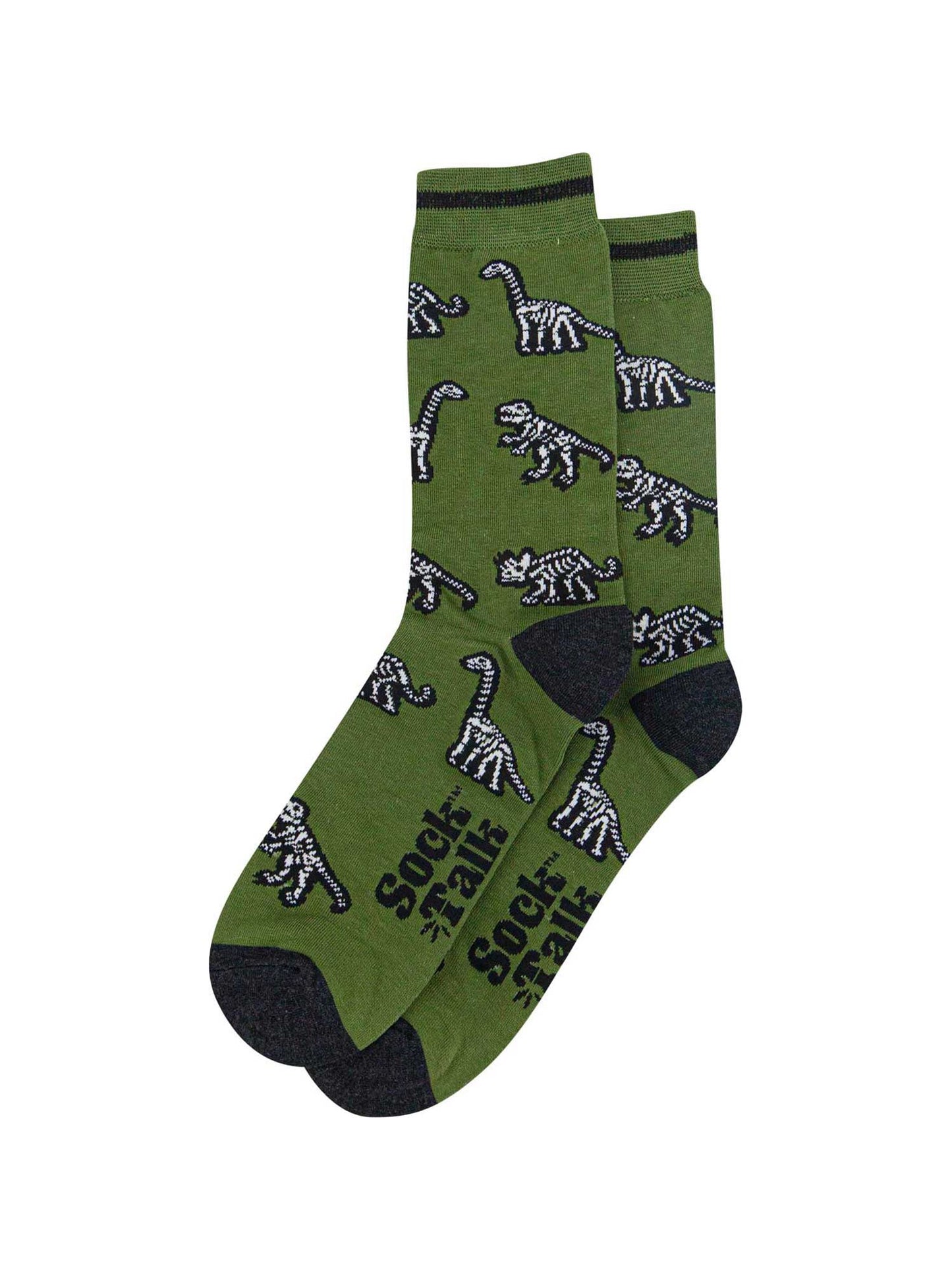 mens-bamboo-socks-green-dinosaur-skeletons-laying-flat-white-dino-bones