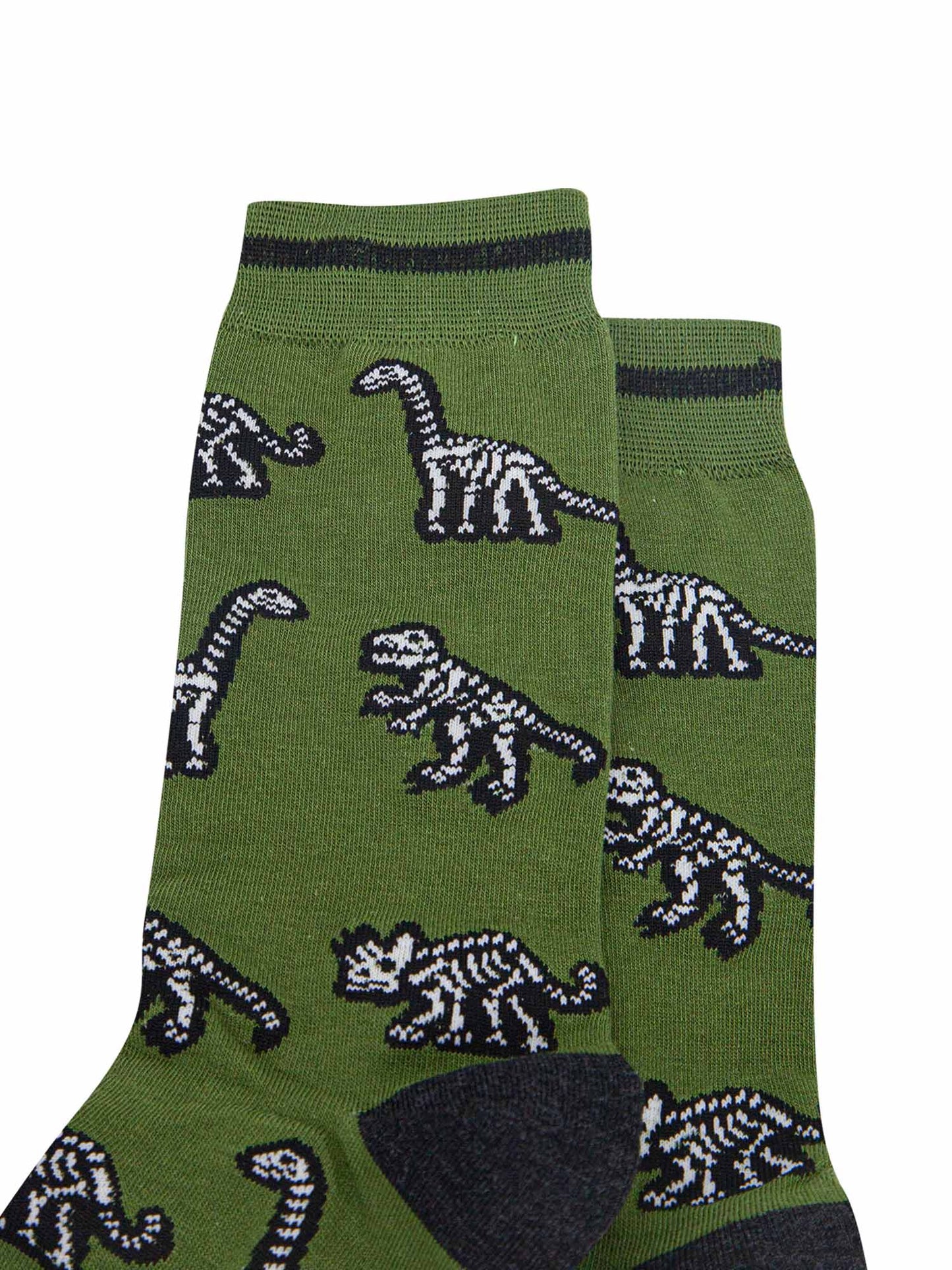 mens-bamboo-socks-green-dinosaur-skeletons-close-up-fossil-skeletons-of-trex-triceratops-brontosaurus