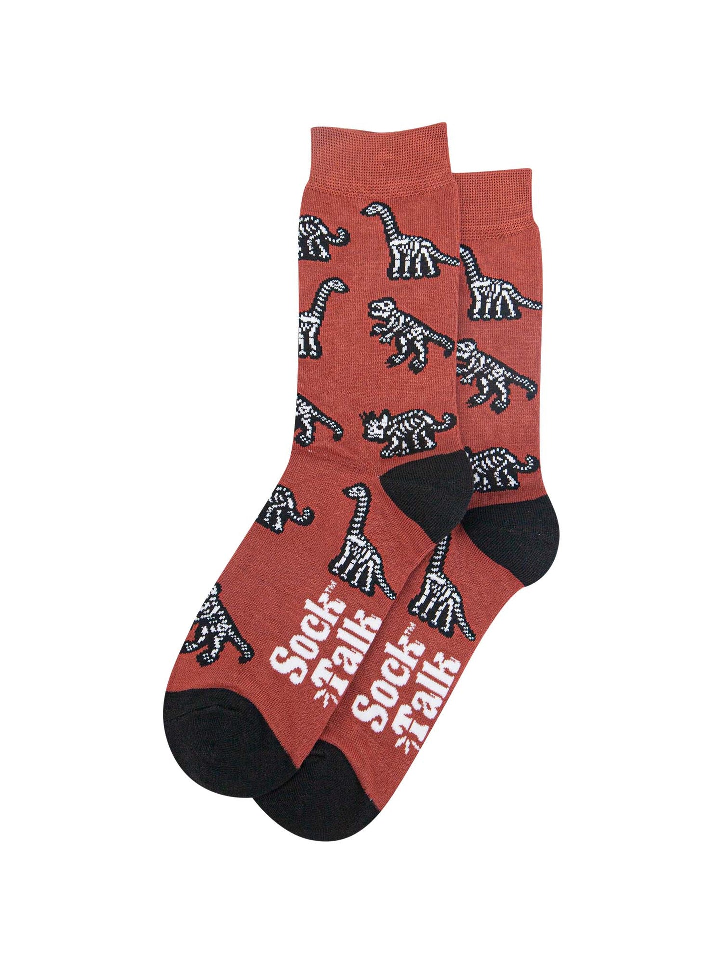 mens bamboo dinosaur bones novelty dress socks in burnt orange with black heel and toe