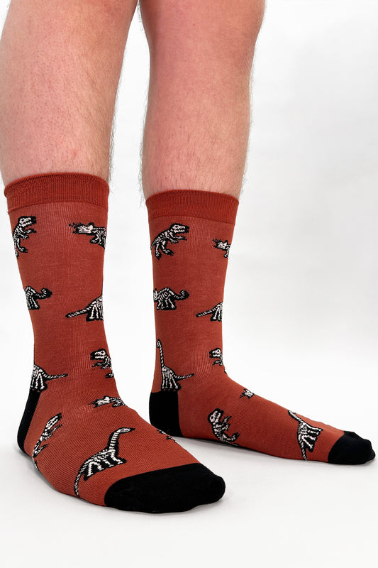Men's Bamboo Crew Socks - Rust/Black, Dinosaur Skeletons