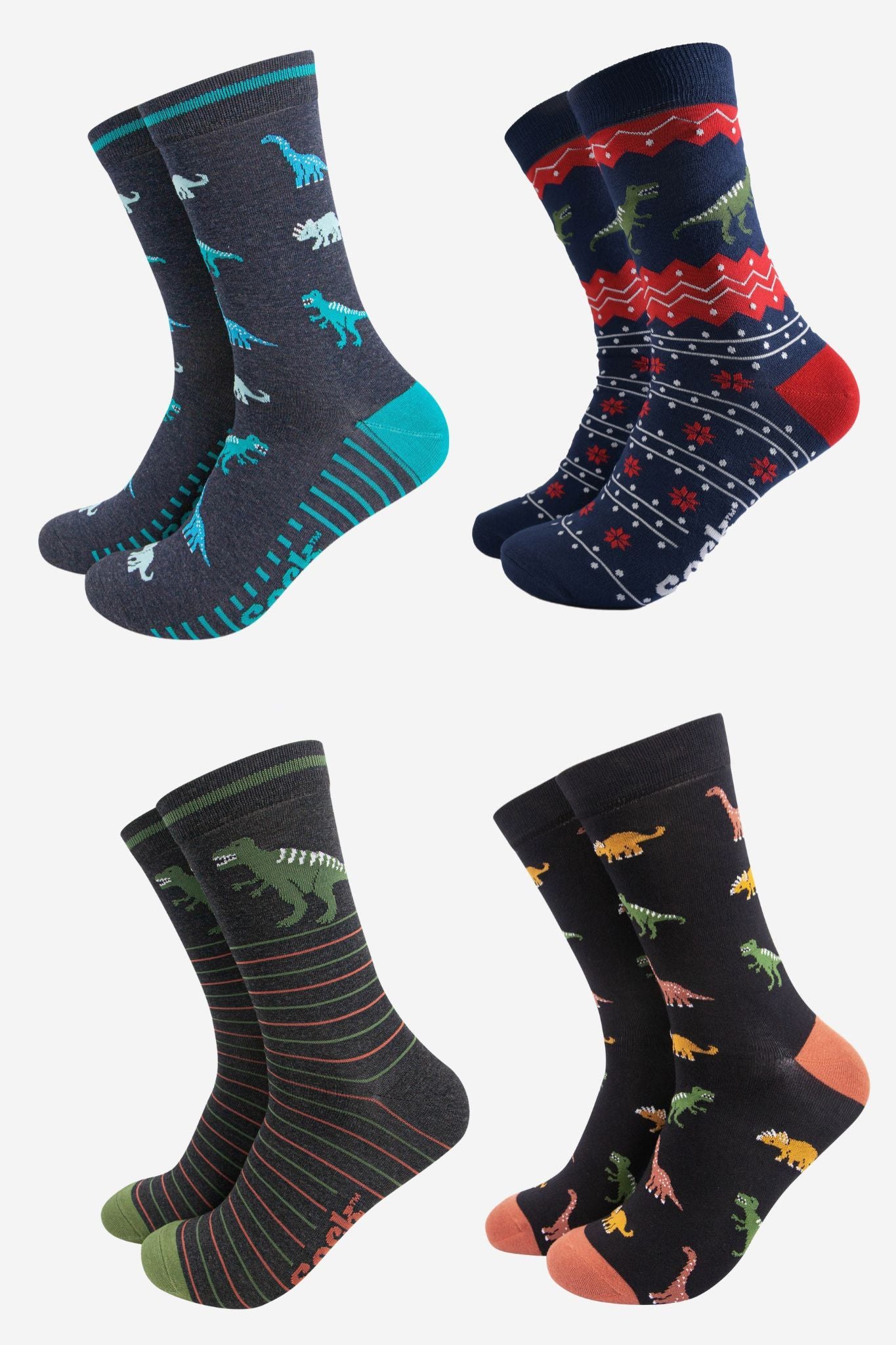 Men's Bamboo Crew Socks Festive Gift Set - Multi, Dinosaurs