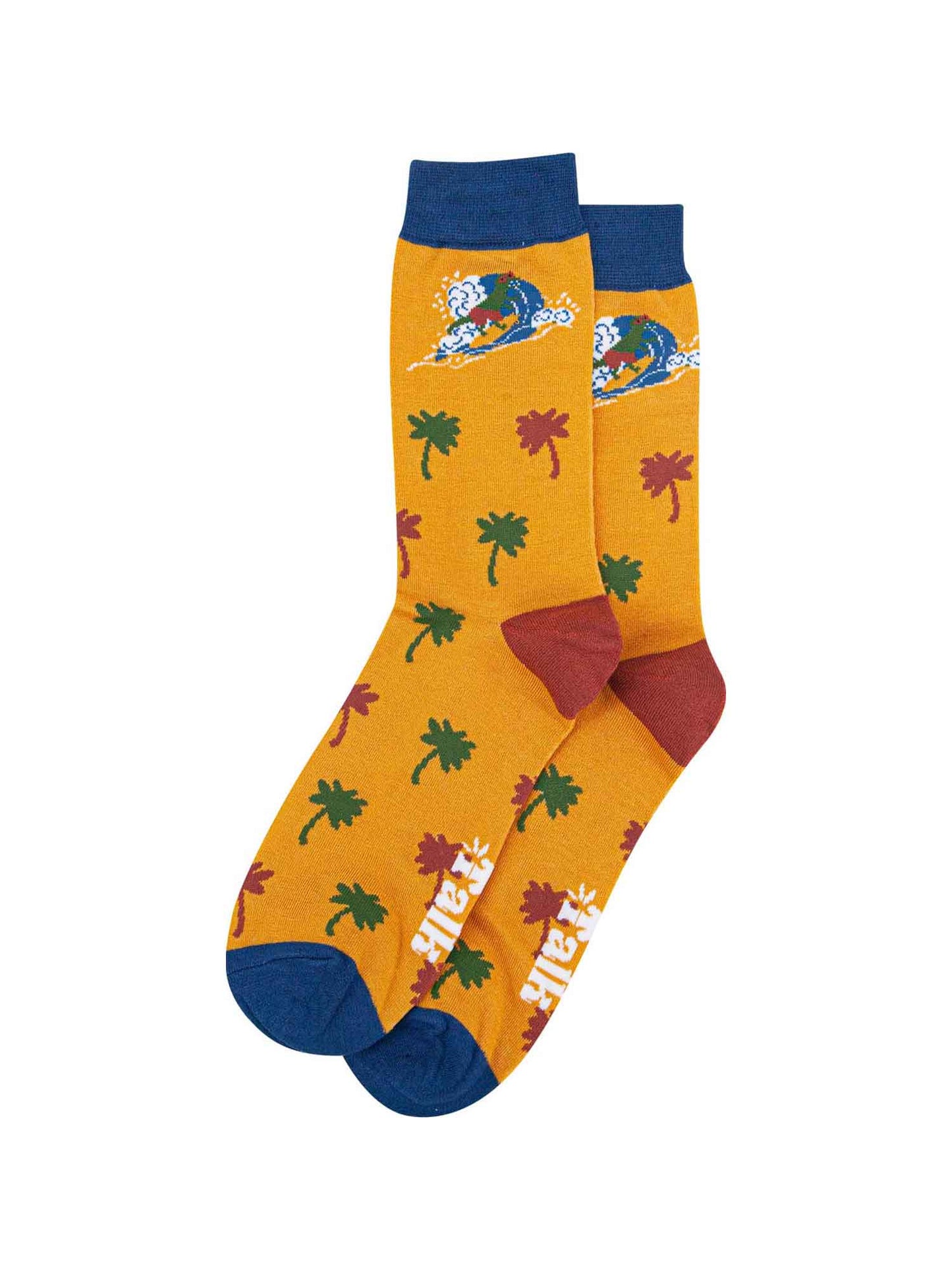 mens yellow dinosaur surfing novelty socks