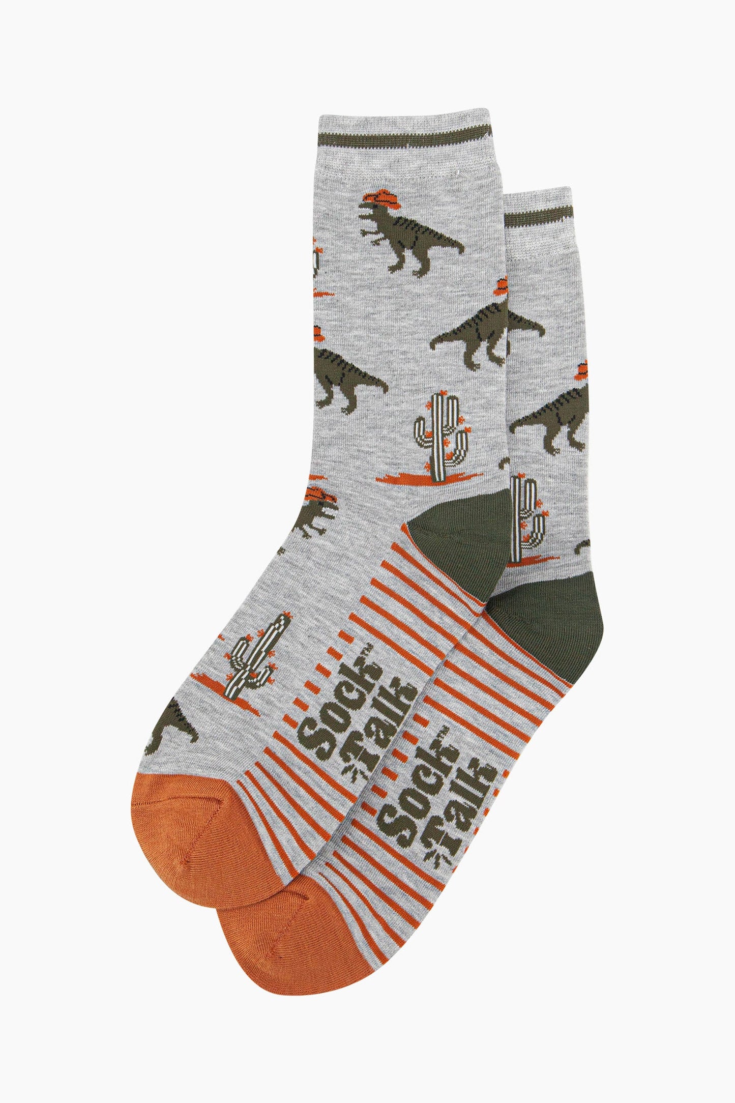 mens-bamboo-socks-grey-t-rex-cowboy-laying-flat-dinosaurs-wild-west-theme