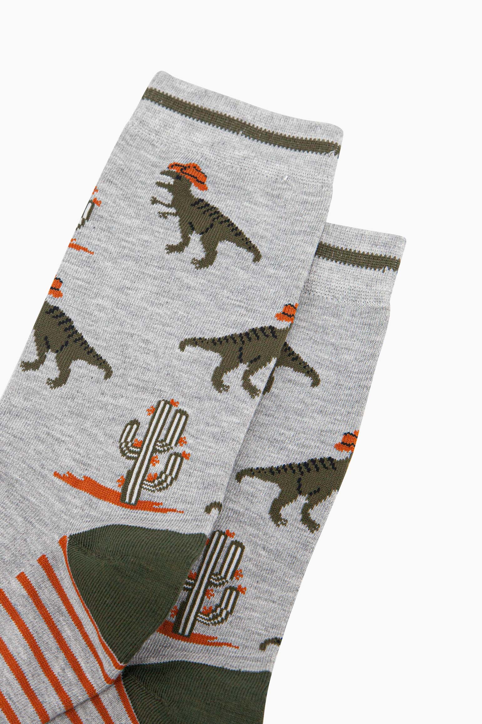 mens-bamboo-socks-grey-t-rex-cowboy-close-up-green-dinos-cacti-wild-west-hats