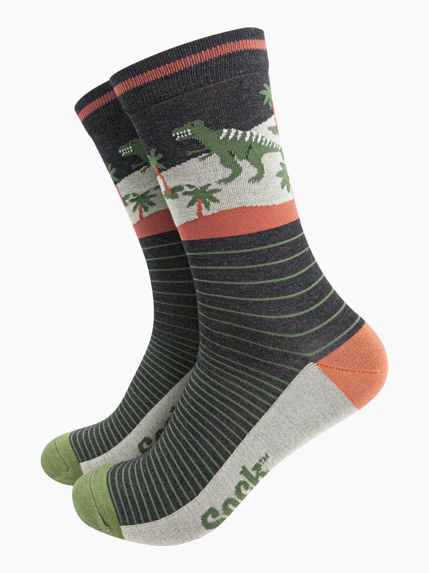 mens-bamboo-socks-black-green-t-rex-forest-green-pinstripes-dinosaurs-palm-trees