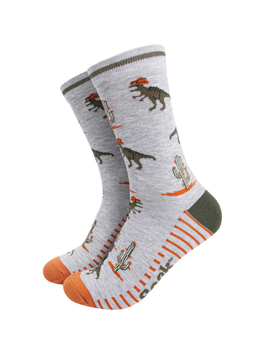 mens-bamboo-socks-grey-t-rex-cowboy-dinosaurs-cactus-wild-west
