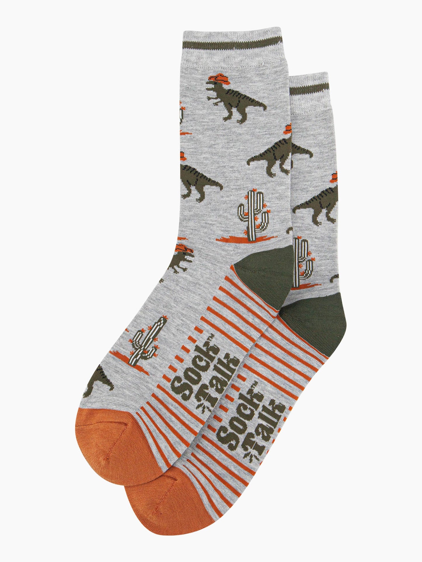 mens-bamboo-socks-grey-t-rex-cowboy-laying-flat-dinosaurs-wild-west-theme