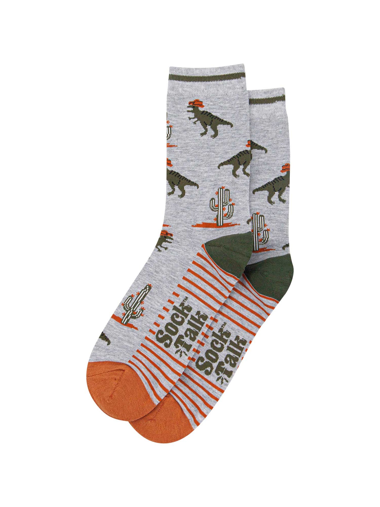 mens-bamboo-socks-grey-t-rex-cowboy-laying-flat-dinosaurs-wild-west-theme