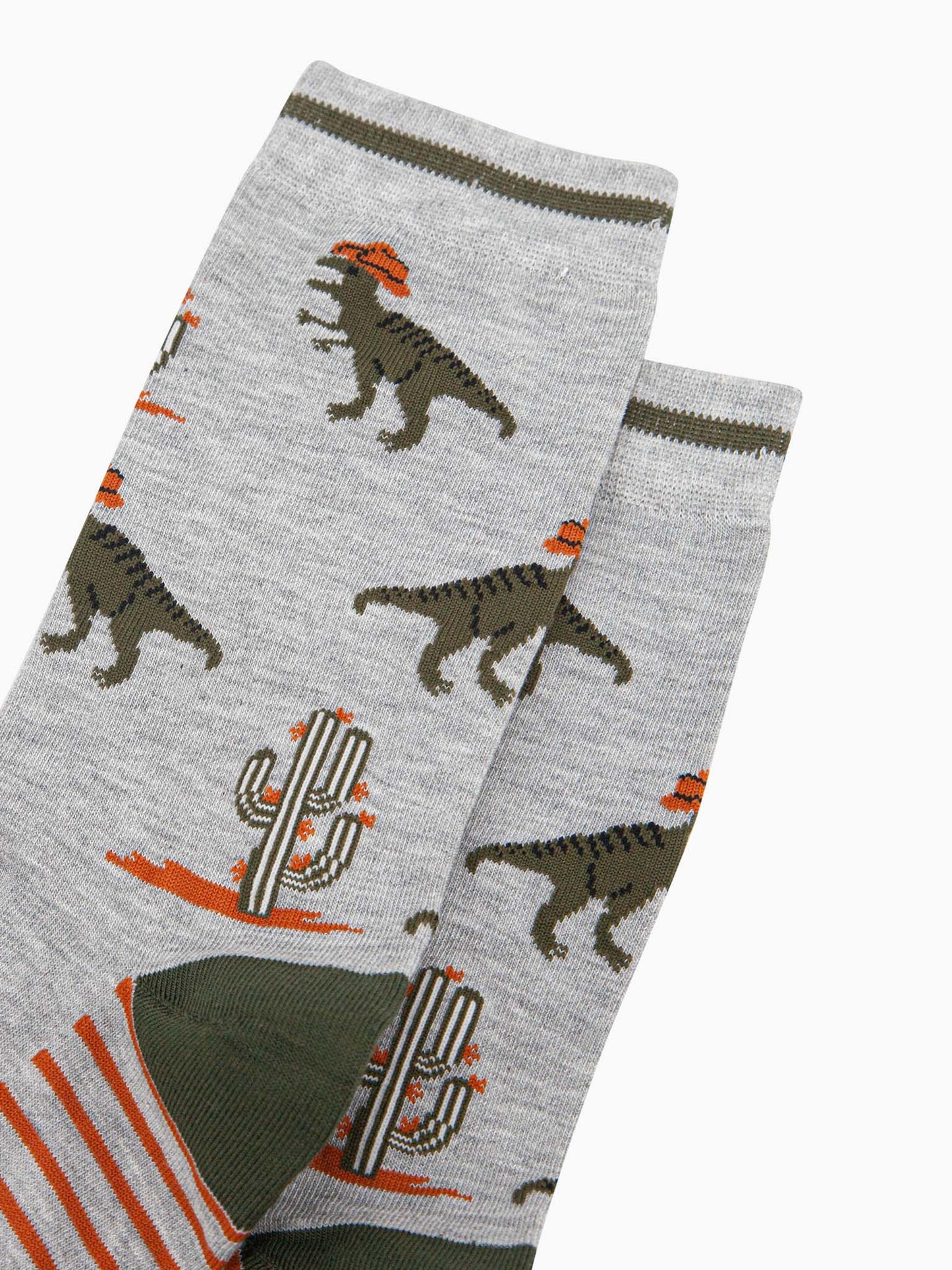 mens-bamboo-socks-grey-t-rex-cowboy-close-up-green-dinos-cacti-wild-west-hats