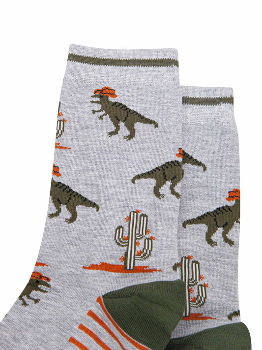 mens-bamboo-socks-grey-t-rex-cowboy-close-up-green-dinos-cacti-wild-west-hats