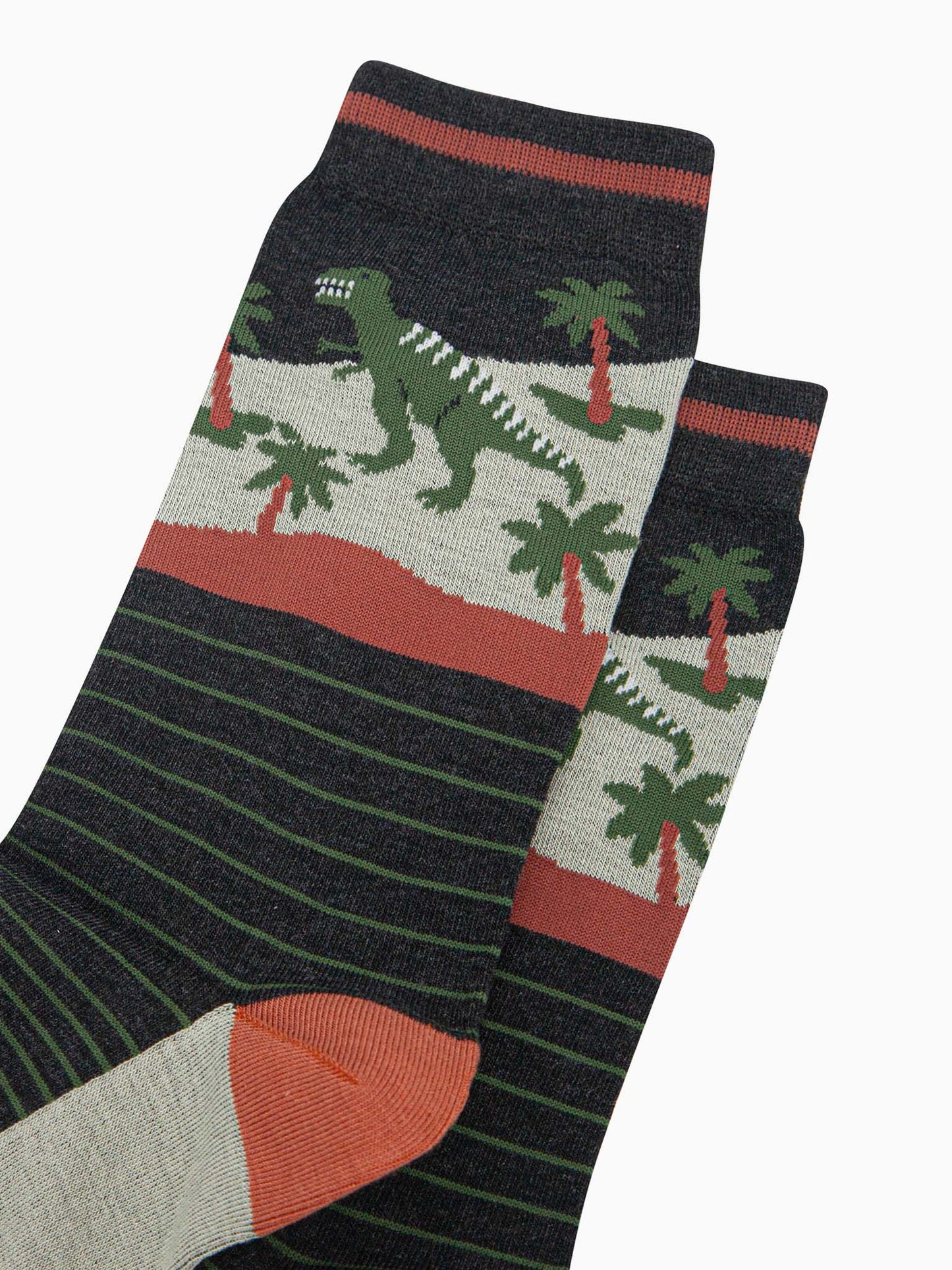 mens-bamboo-socks-black-green-t-rex-forest-close-up-dinosaurs-stripes-palm-trees