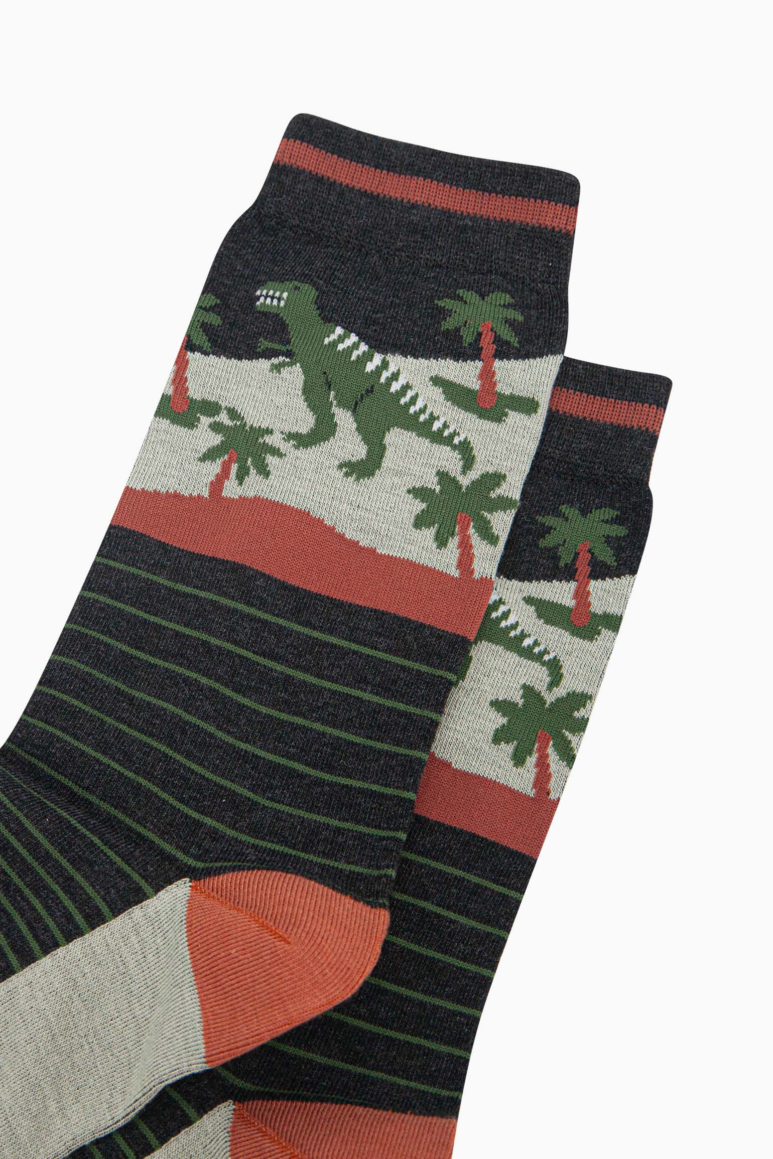 mens-bamboo-socks-black-green-t-rex-forest-close-up-dinosaurs-stripes-palm-trees