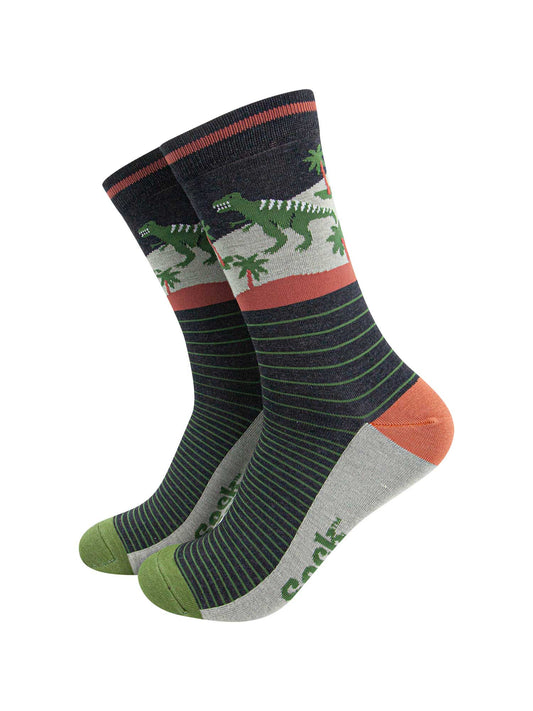 mens-bamboo-socks-black-green-t-rex-forest-green-pinstripes-dinosaurs-palm-trees
