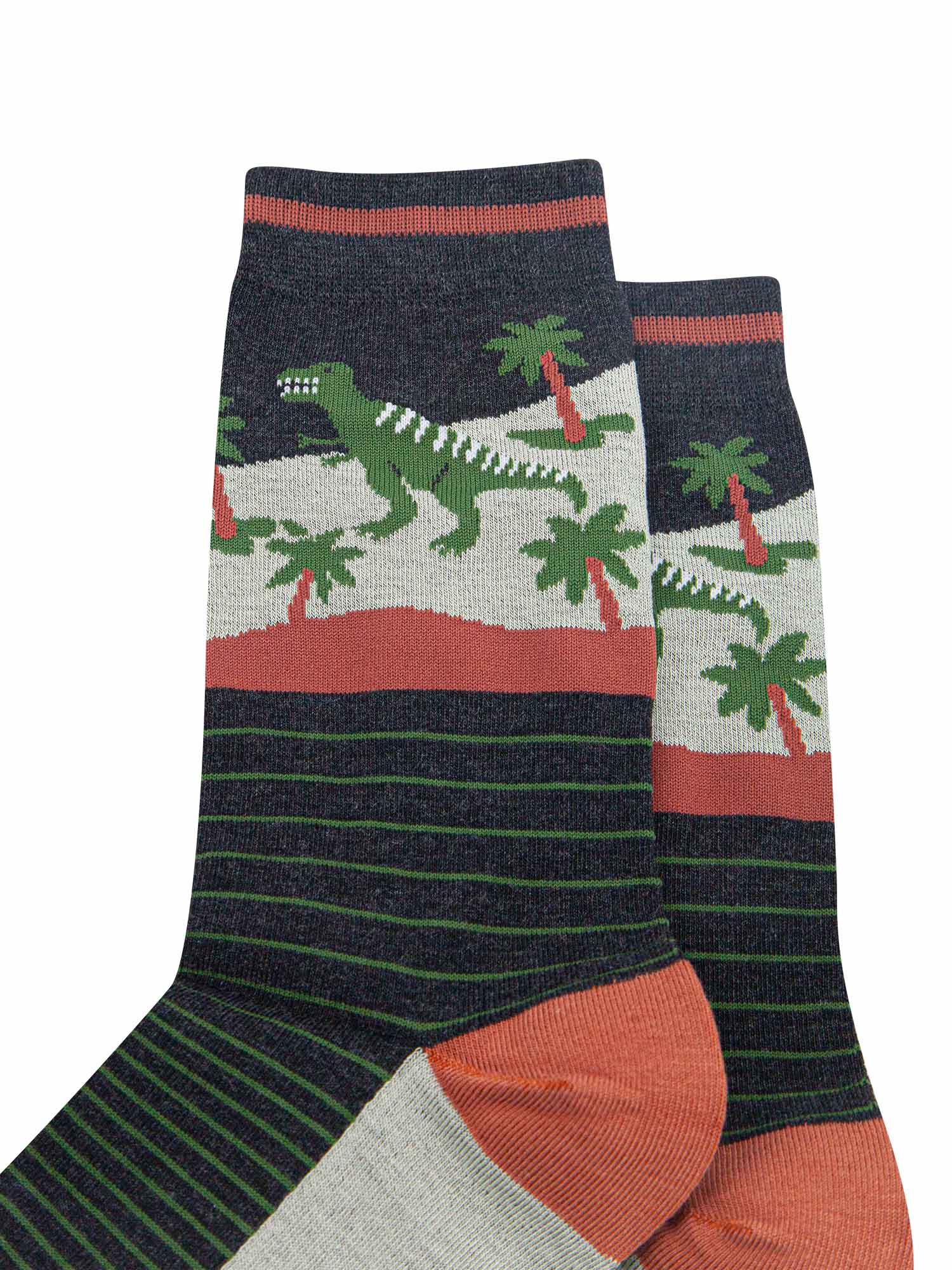mens-bamboo-socks-black-green-t-rex-forest-close-up-dinosaurs-stripes-palm-trees