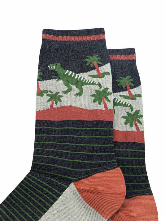 mens-bamboo-socks-black-green-t-rex-forest-close-up-dinosaurs-stripes-palm-trees
