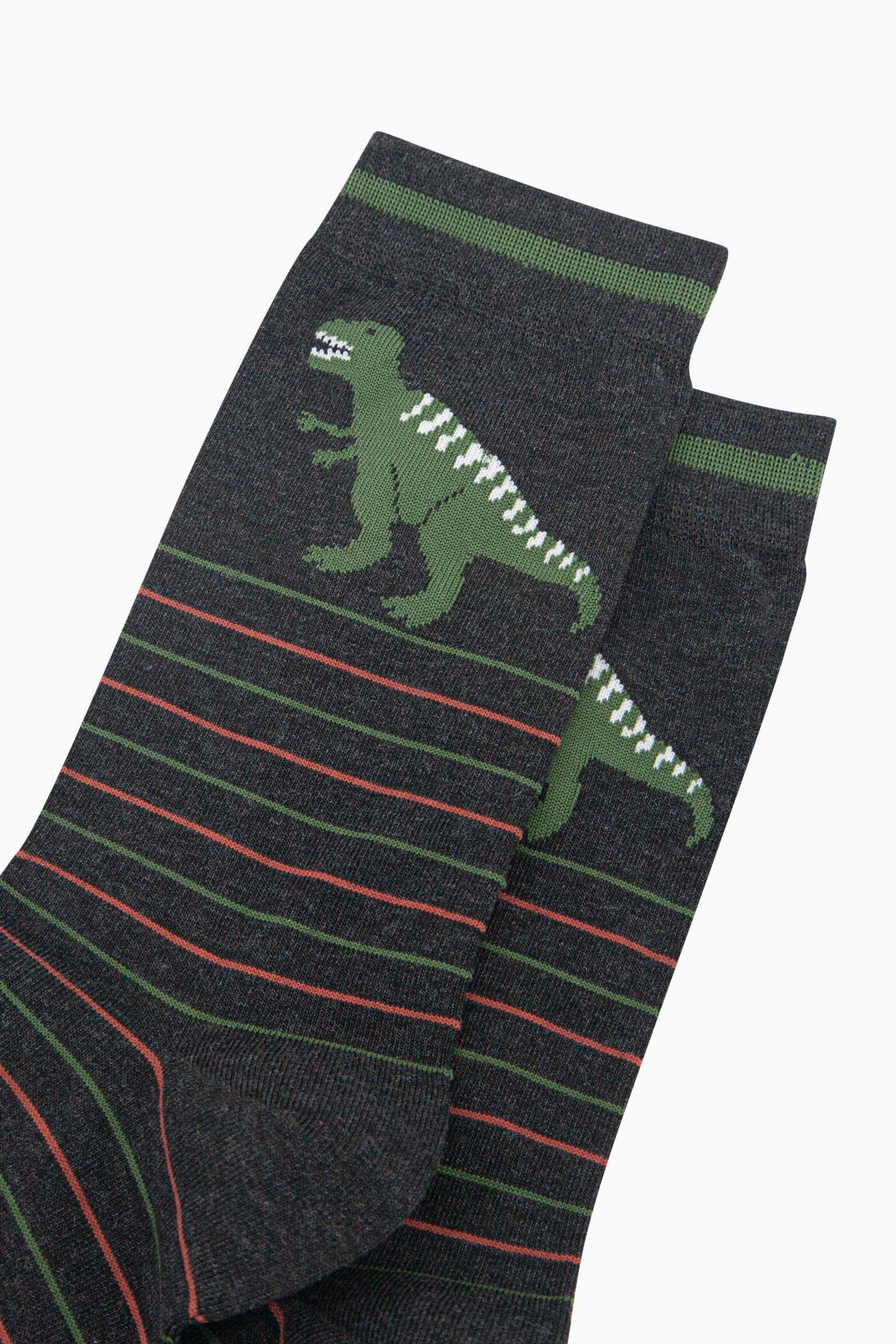 mens-bamboo-socks-black-t-rex-stripe-close-up-green-stripes-orange-stripes-large-green-trex-on-ankle-showing-teeth