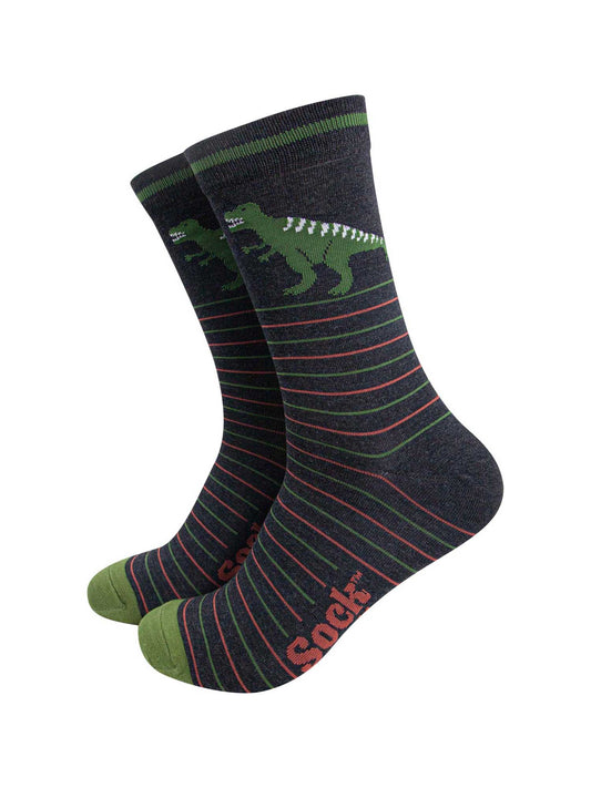 mens-bamboo-socks-black-t-rex-stripe-pattern-pinstripes-large-green-trex-on-ankle