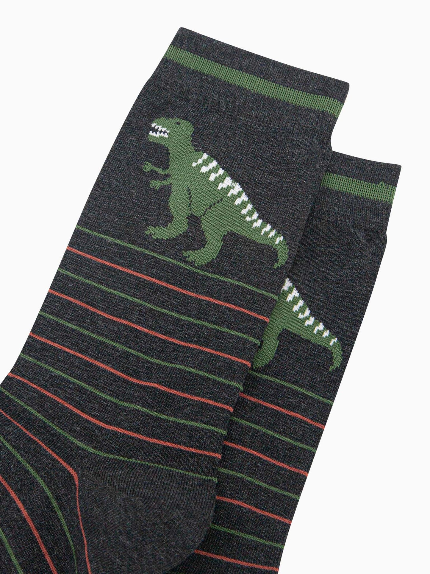 mens-bamboo-socks-black-t-rex-stripe-close-up-green-stripes-orange-stripes-large-green-trex-on-ankle-showing-teeth