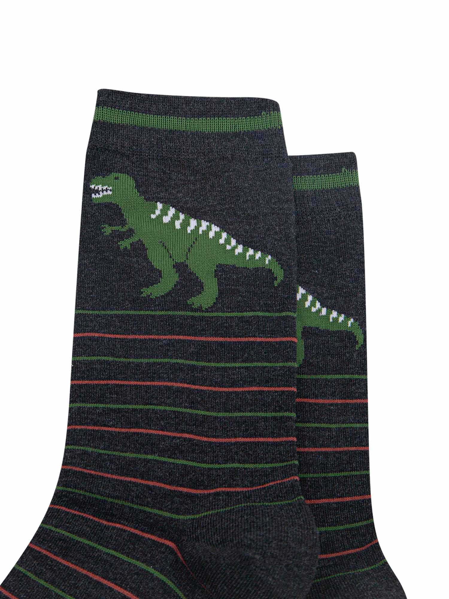 mens-bamboo-socks-black-t-rex-stripe-close-up-green-stripes-orange-stripes-large-green-trex-on-ankle-showing-teeth