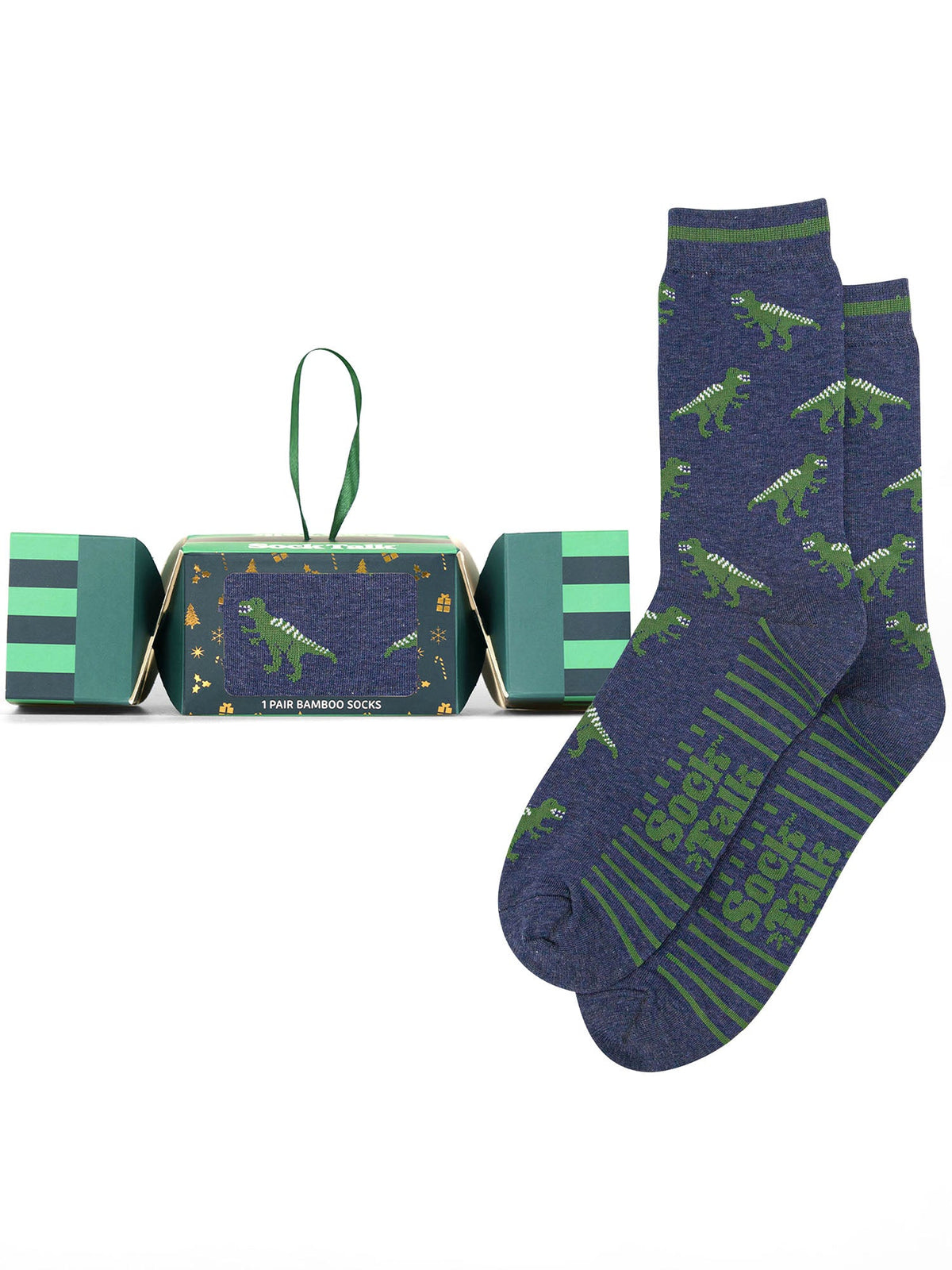 T-Rex-Dinosaur-Bamboo-Crew-Socks-Christmas-Cracker-Gift-Box-in-Navy-Blue