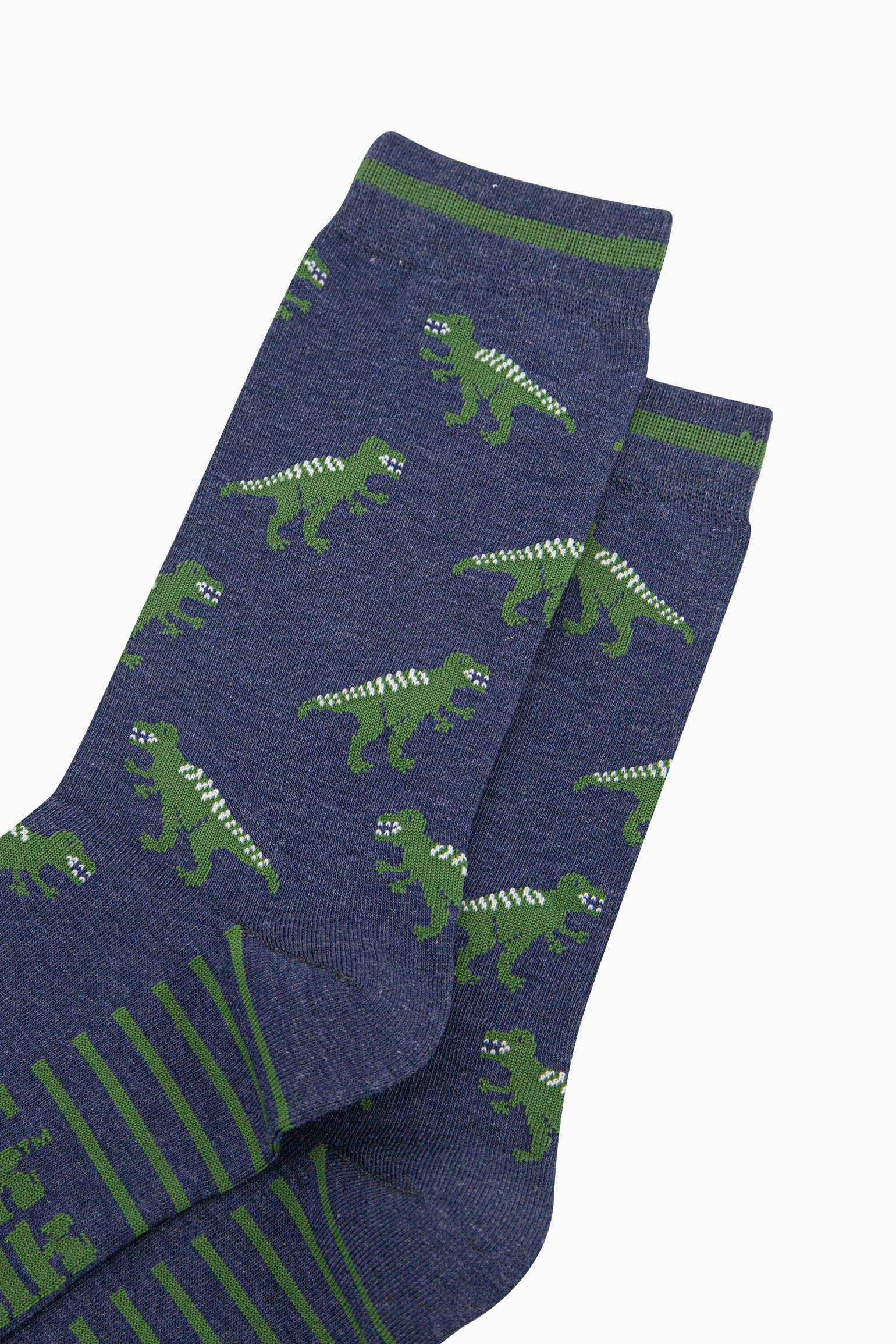 mens-bamboo-socks-navy-t-rex-close-up-green-trex-white-spikes-on-its-back-repeated-pattern