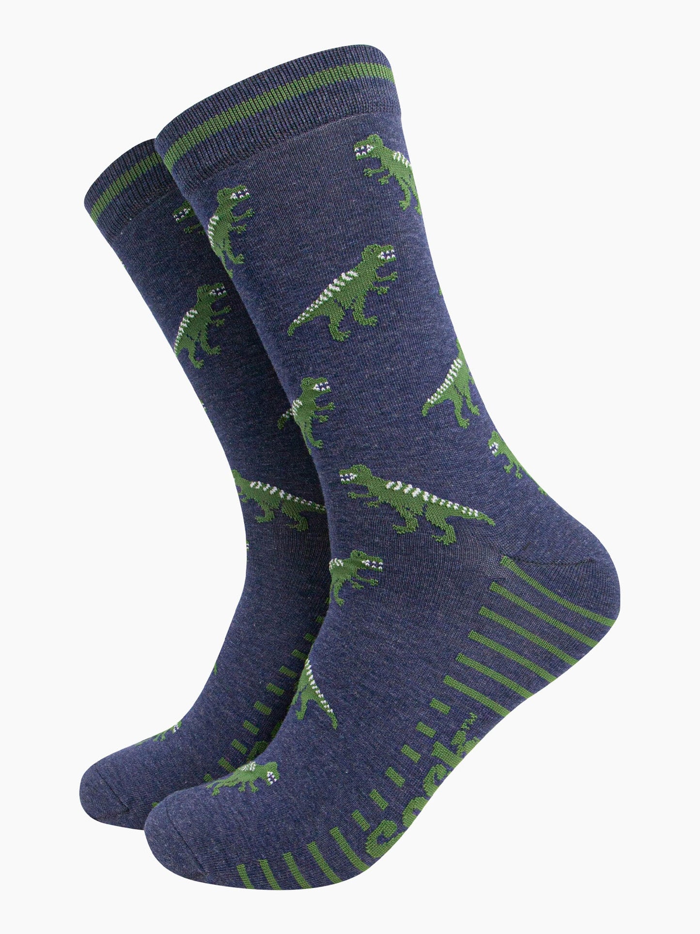 mens-bamboo-socks-navy-t-rex-pattern-green-trex-dinosaurs-green-striped-sole