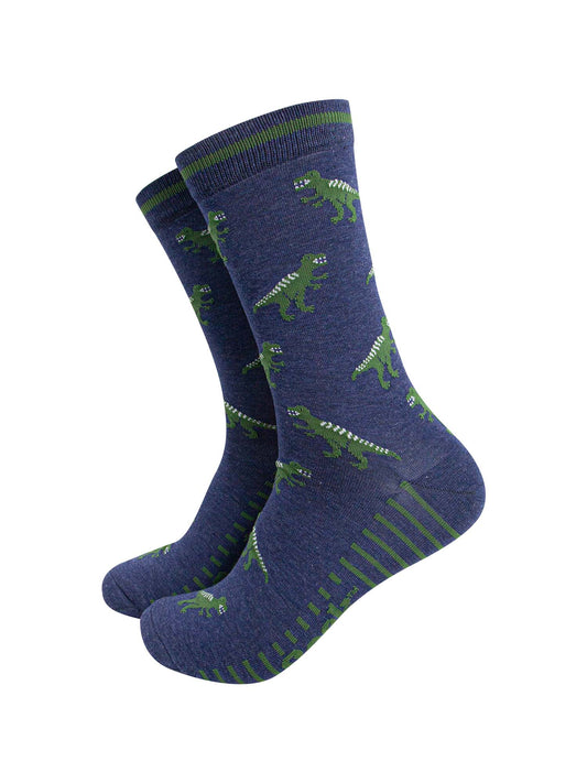 mens-bamboo-socks-navy-t-rex-pattern-green-trex-dinosaurs-green-striped-sole