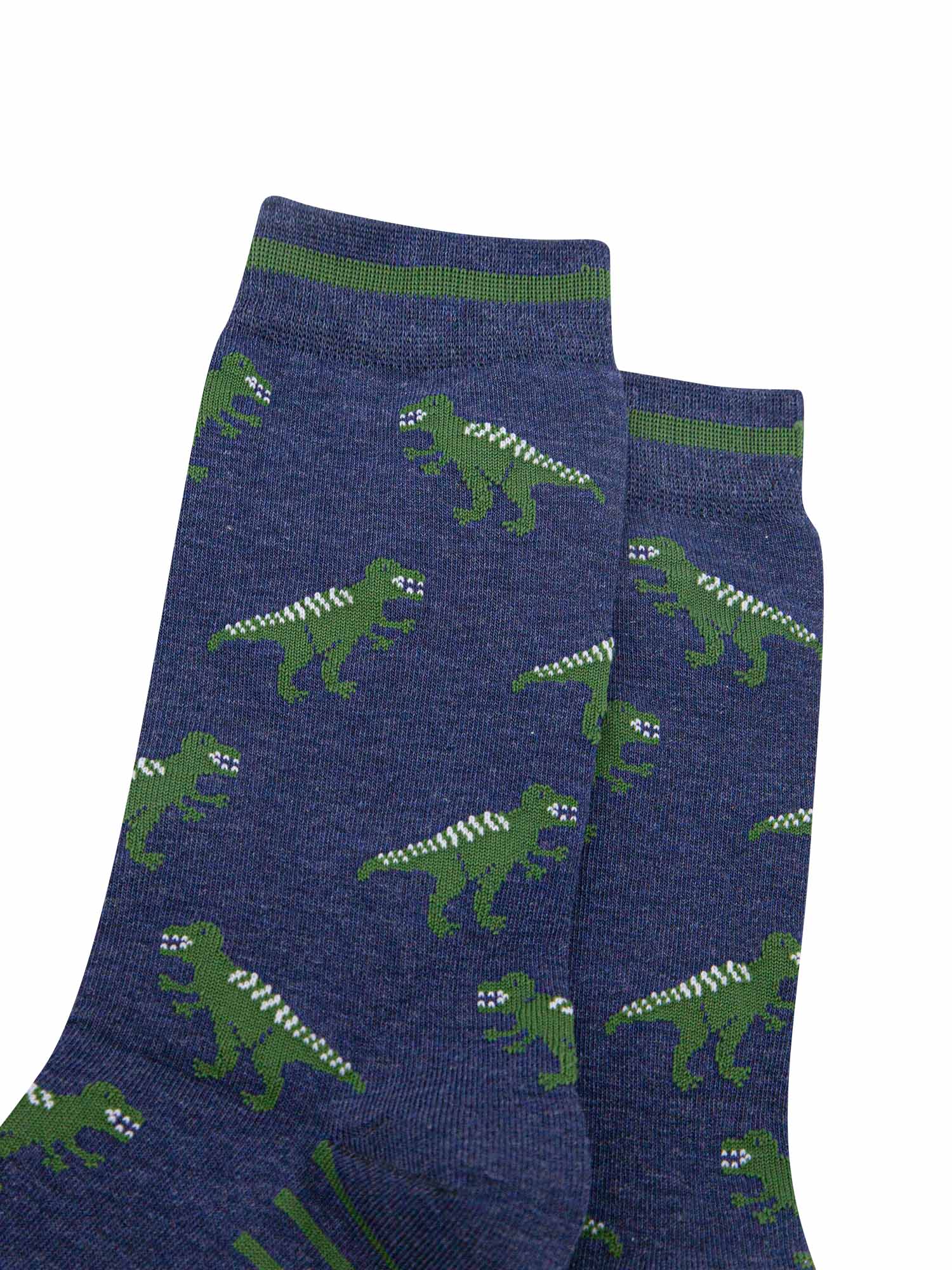 mens-bamboo-socks-navy-t-rex-close-up-green-trex-white-spikes-on-its-back-repeated-pattern