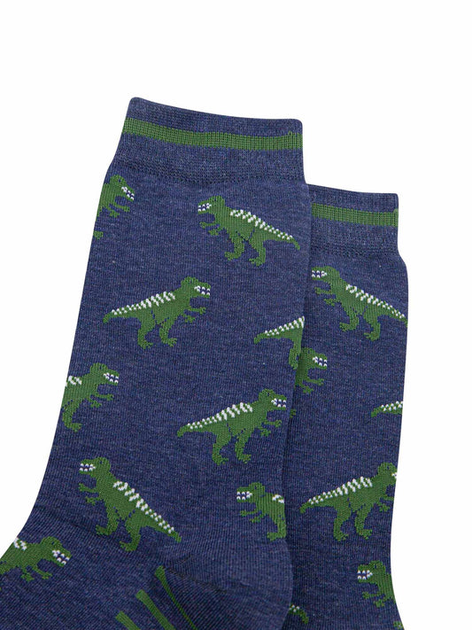 mens-bamboo-socks-navy-t-rex-close-up-green-trex-white-spikes-on-its-back-repeated-pattern