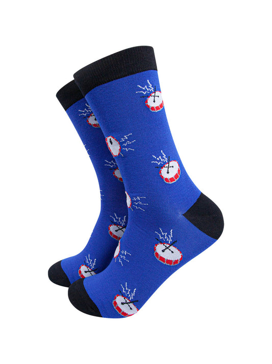 blue and black mens bamboo socks featuring an all over pattern of musical drums