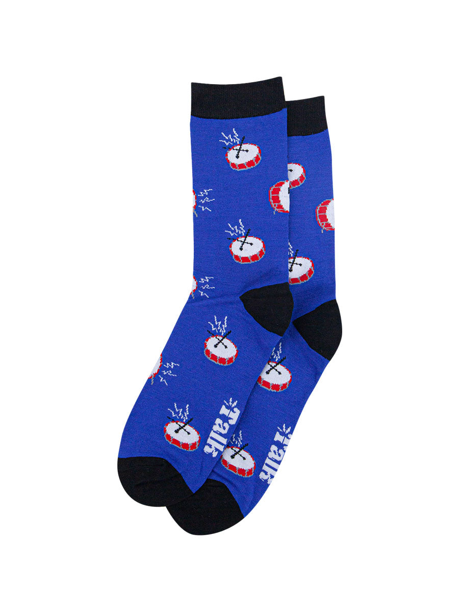 mens blue drummer socks with an all over pattern of banging drums