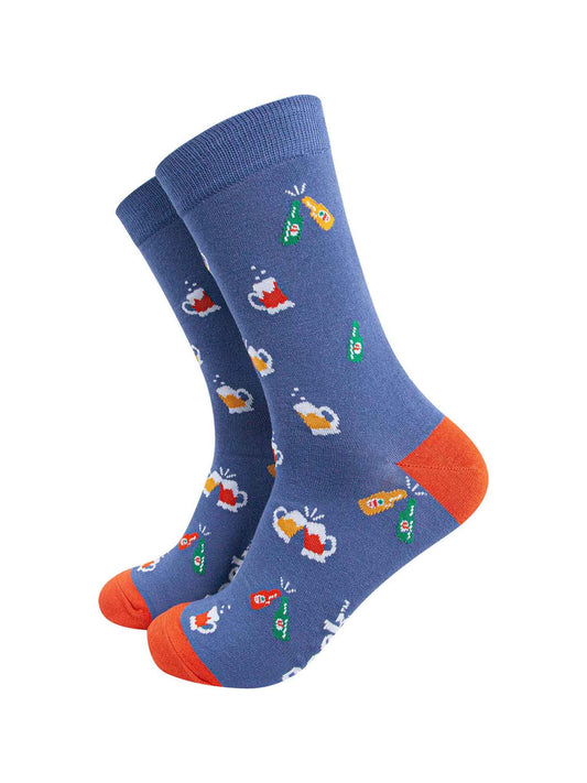 blue bamboo socks with an all over pattern of beer bottles and beer mugs