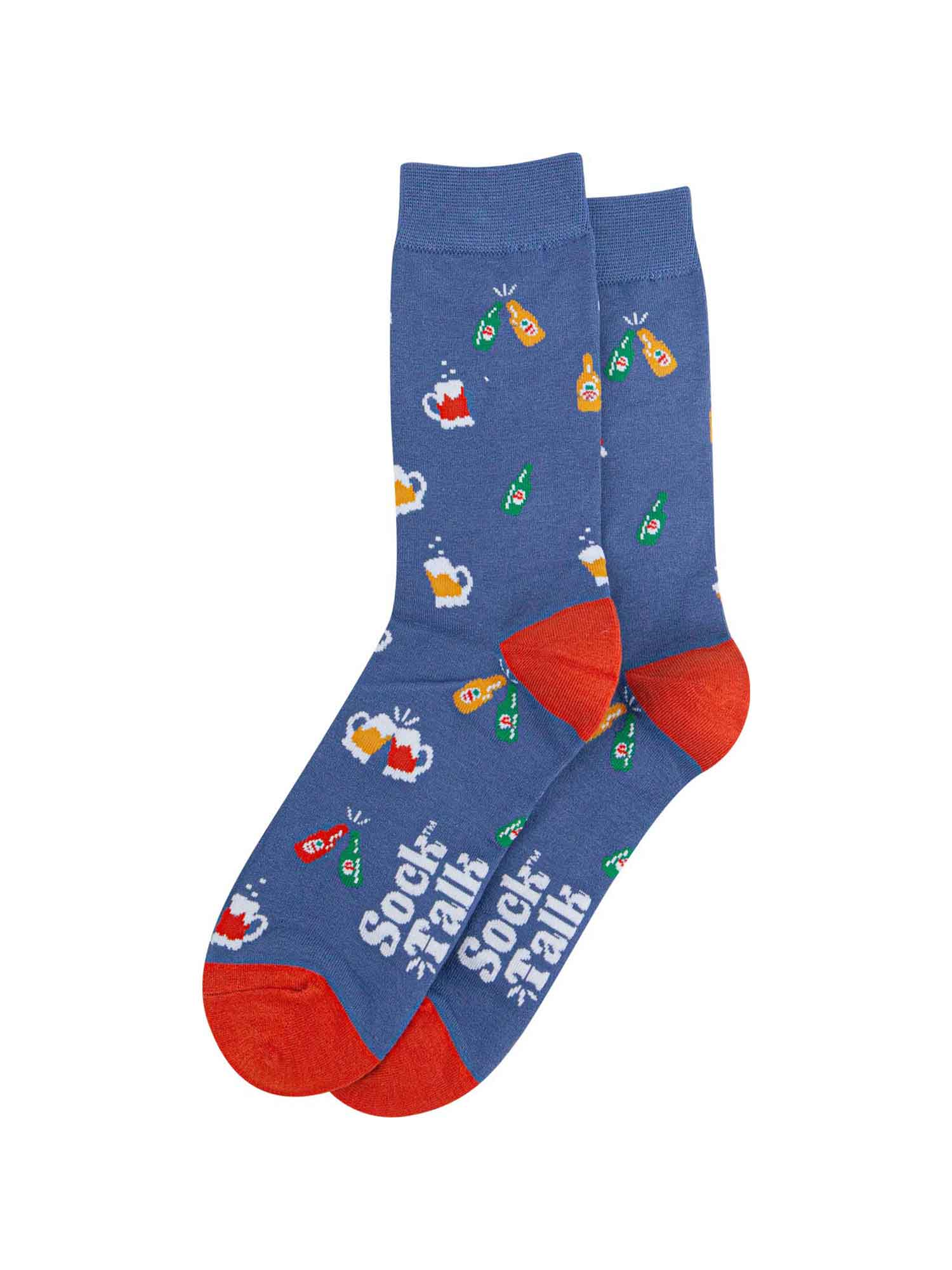 blue bamboo socks with a pattern of beer steins and beer bottles