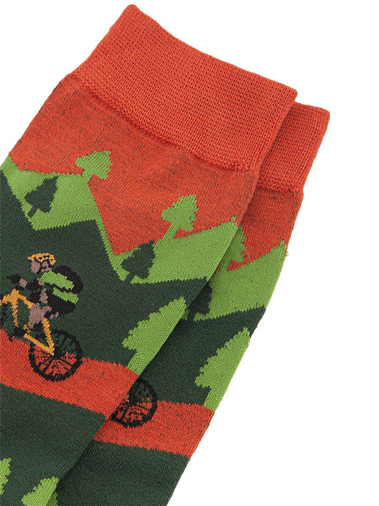 close up of the mountain bike and tree pattern on the bamboo socks