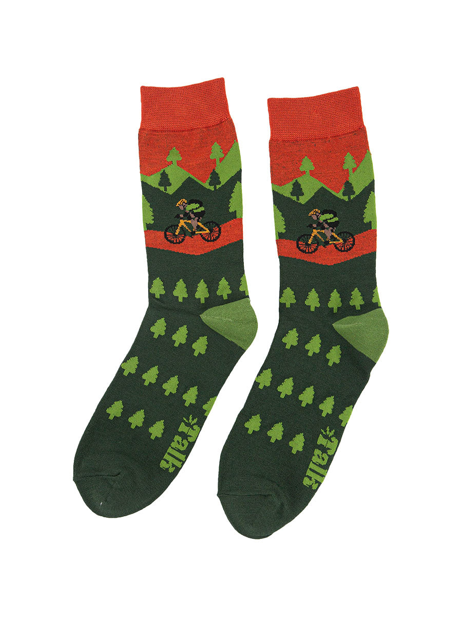 mens bamboo socks featuring a mountain biker riding through a forest