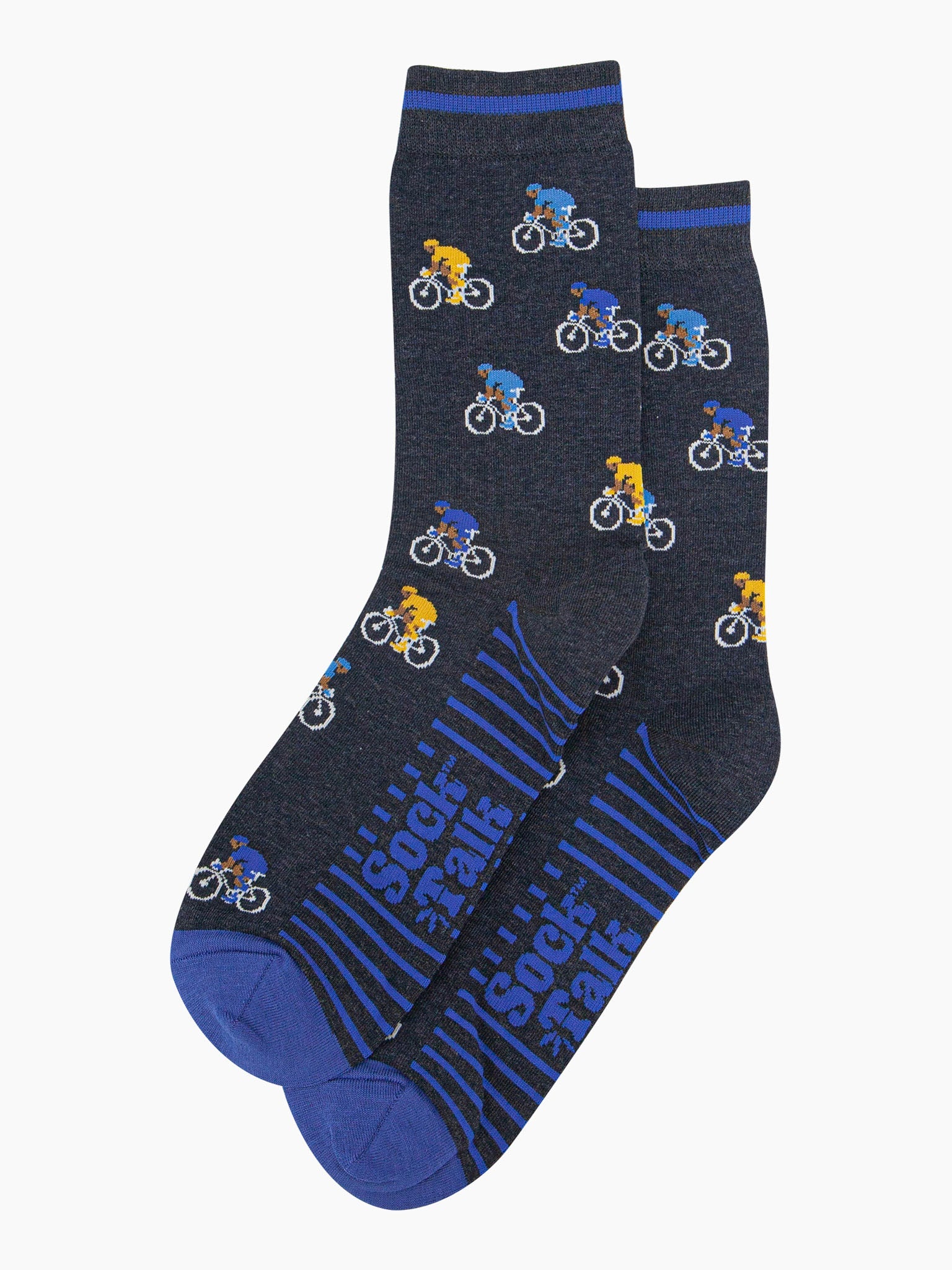 mens-bamboo-socks-navy-cyclists-laying-flat-showing-road-race-cycling