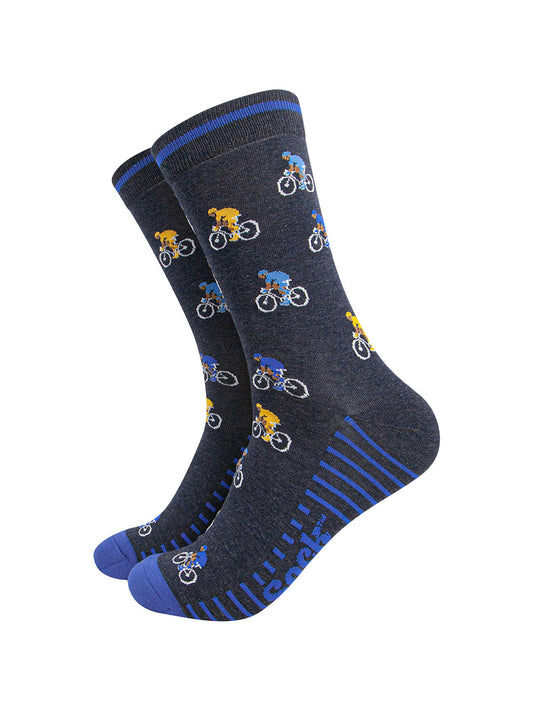 mens-bamboo-socks-navy-cyclists-pattern-blue-yellow-jersey-competivie-cycling
