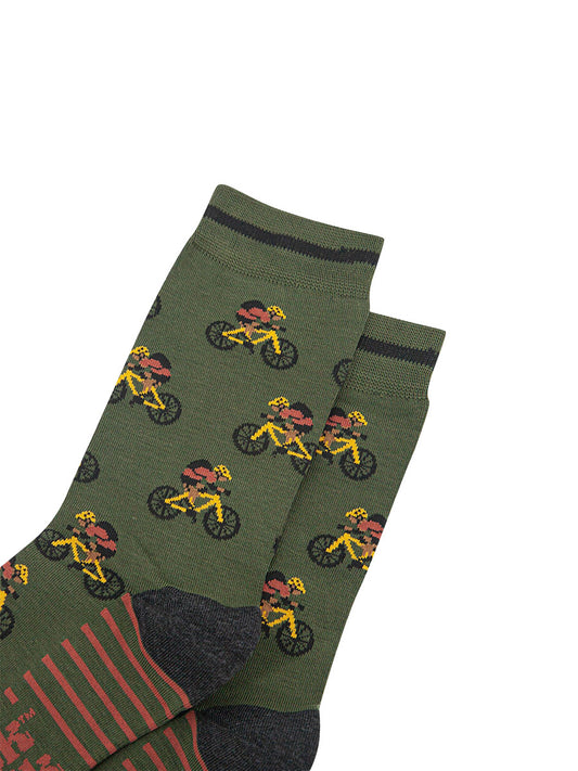 mens-bamboo-socks-khaki-mountain-bikers-close-up-cyclist-with-backpack-on-yellow-mountain-bikes