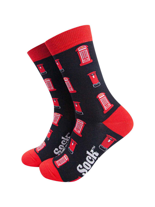black dress socks with an all over pattern of red telephone and letter boxes