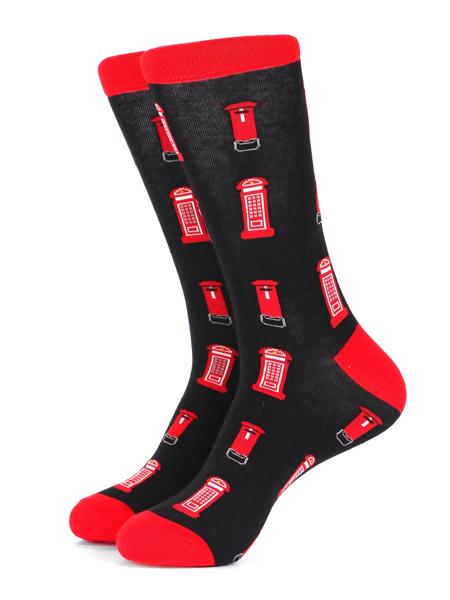 black dress socks with an all over pattern of red telephone and letter boxes