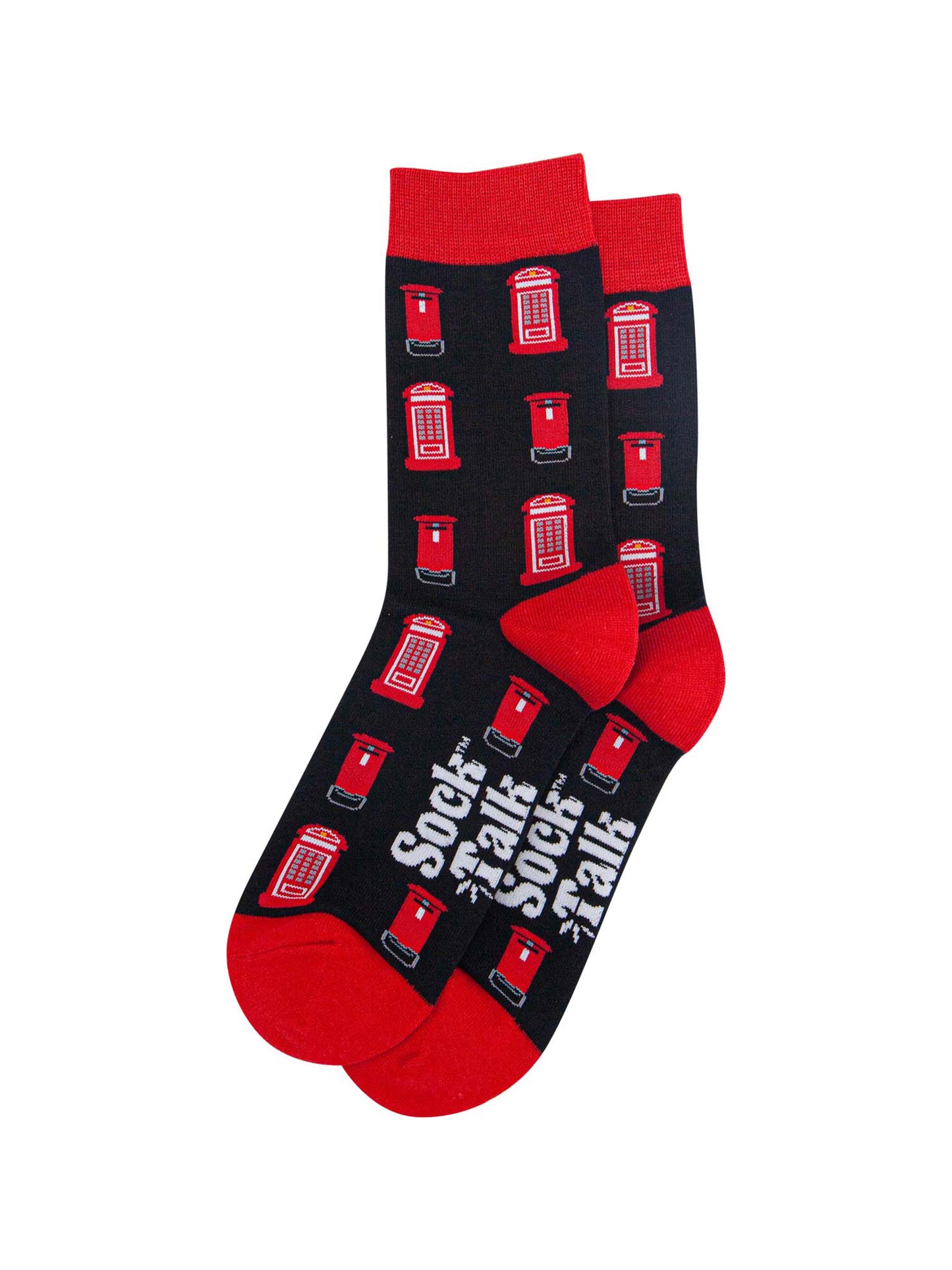 black dress socks with an all over pattern of red telephone and letter boxes