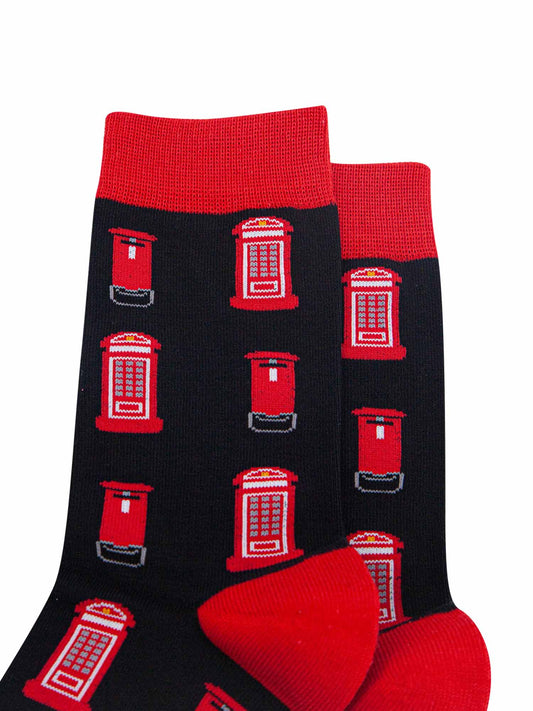 black dress socks with an all over pattern of red telephone and letter boxes