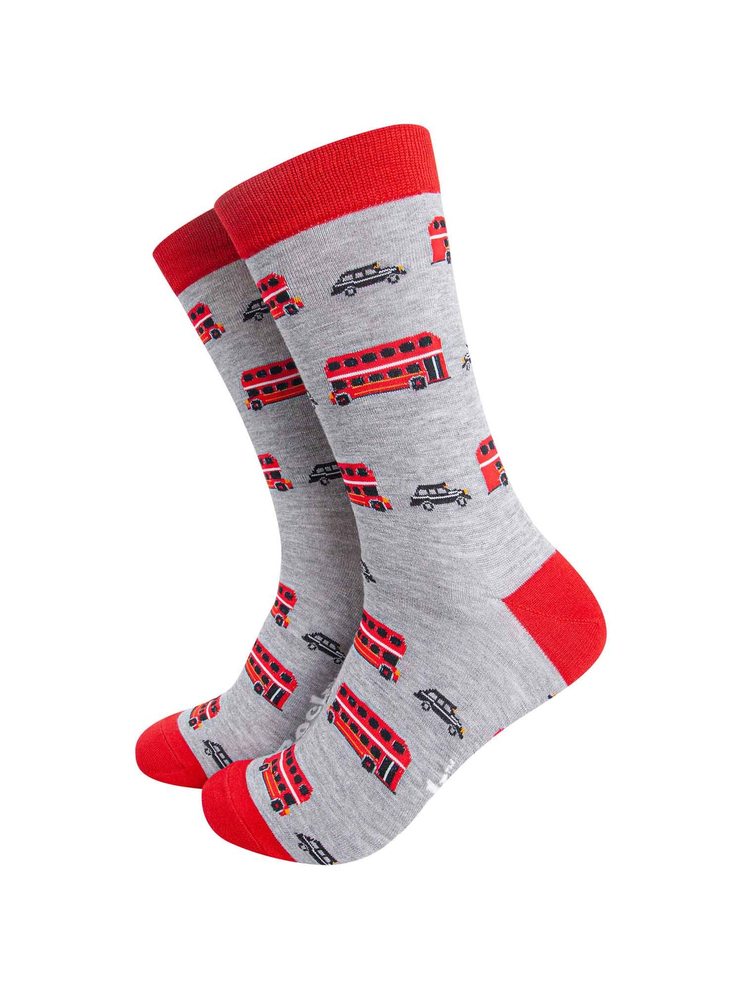 grey socks with red heel, toe and cuff with an all over pattern of black hackney cabs and red buses