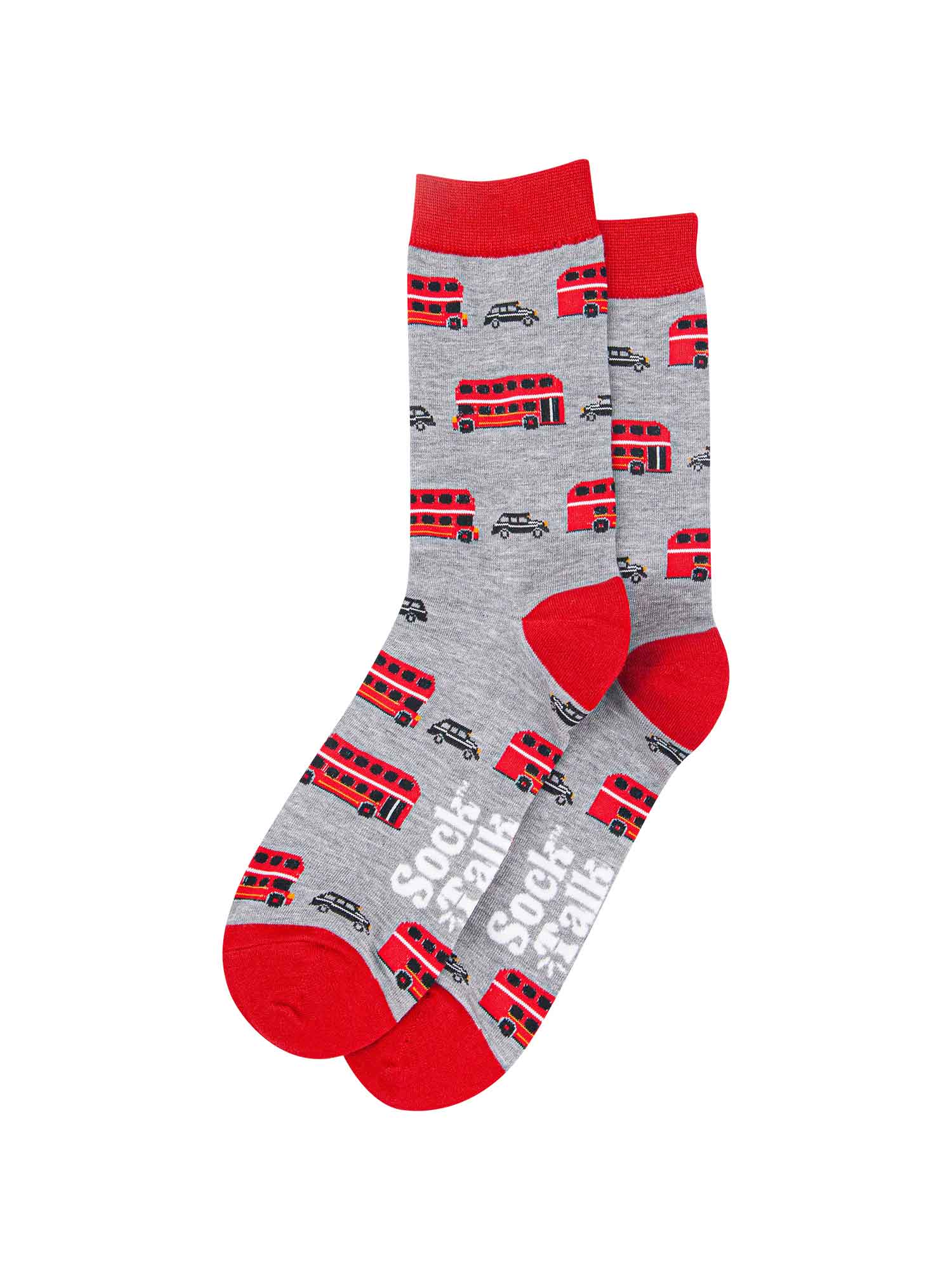 grey and red socks with a pattern featuring black London taxis and red double decker buses
