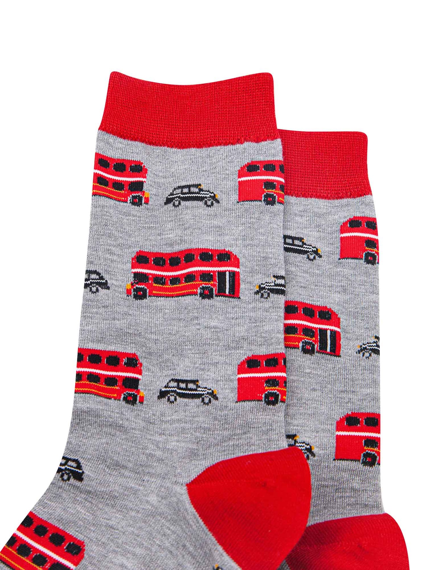 close up of the red bus and black taxi design
